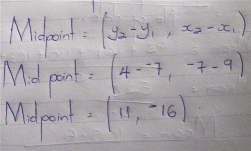 Find the midpoint of the line segment given endpoints (9,-7)(-7,4)-example-1