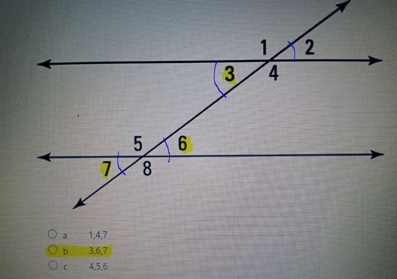 What other angles are equal to the measurement of angle 2? A. 1,4,7 B. 3,6,7 C. 4,5,6-example-1