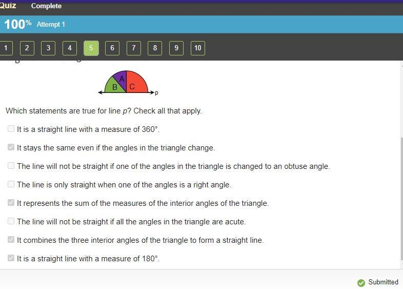 Kellianne lined up the interior angles of the triangle along line p below. Which statements-example-1