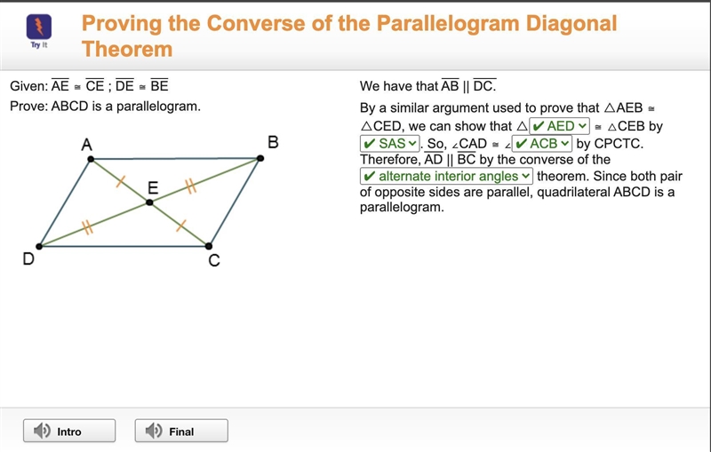 Given: AE ≅ CE ; DE ≅ BE Prove: ABCD is a parallelogram. Parallelogram A B C D is-example-1