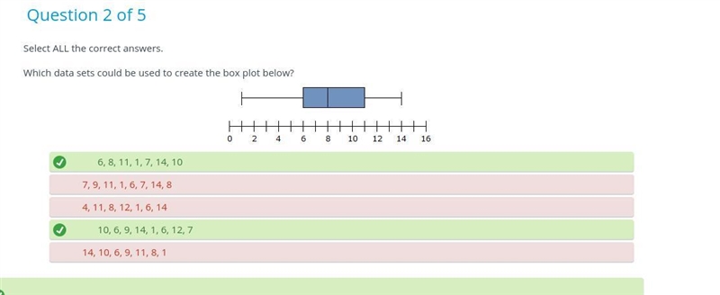 Select ALL the correct answers, Which data sets could be used to create the box plot-example-2