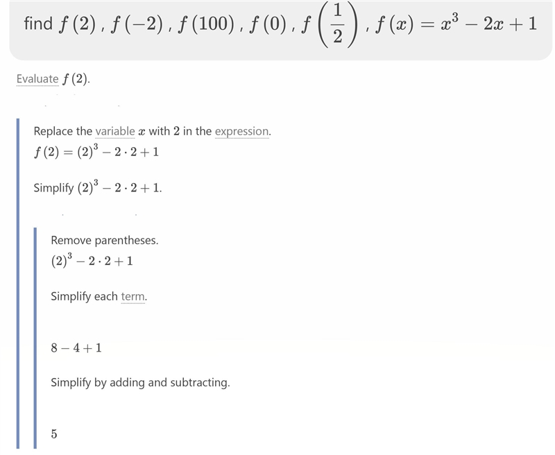 F : x →x³- 2x + 1. Find: a) f(2) b) f(-2) c) f(100) d) f(0) e) f(1/2) ​-example-1