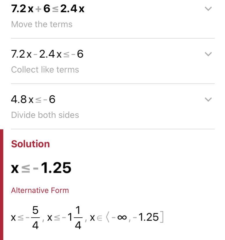 Solve the inequality and tell weather it has infinite or no solutions7.2x+6\leq 2.4x-example-1