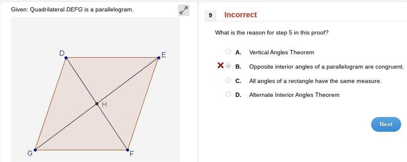 What is the reason for step 5 in this proof? A. Vertical Angles Theorem B. Opposite-example-1