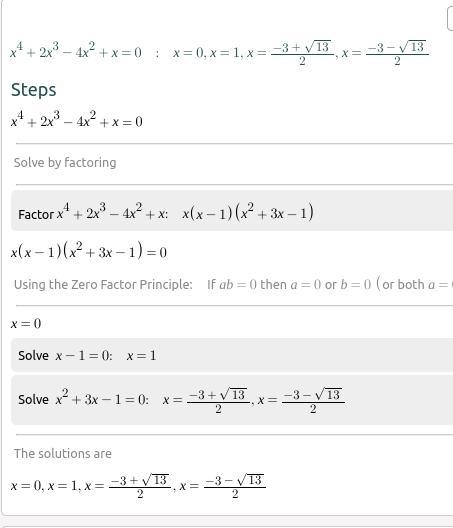 Identify the number of solutions x⁴+2x³-4x²+x=0-example-1