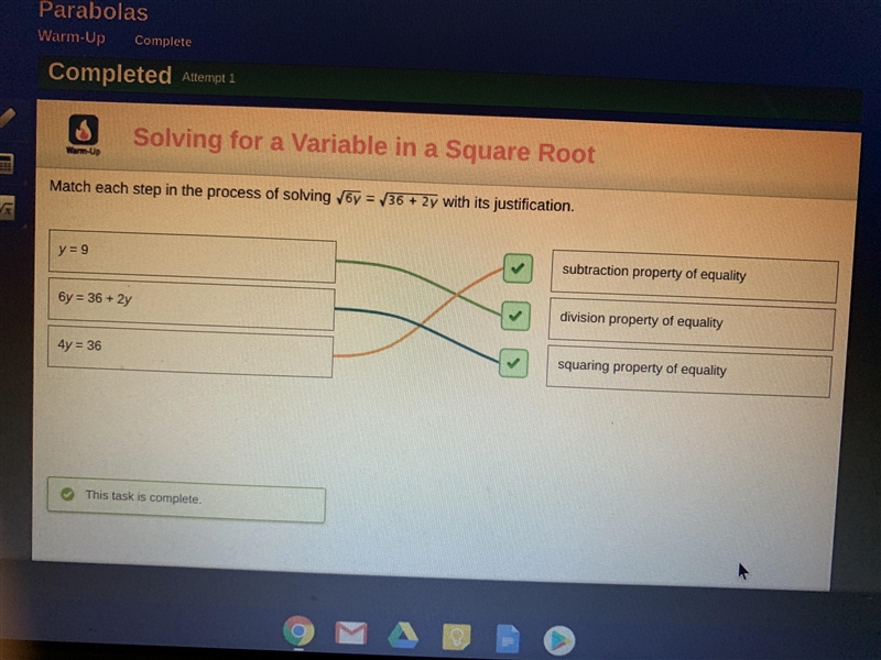 Match each step in the process of solving square root of 6y= saque root of 36+2y. With-example-1