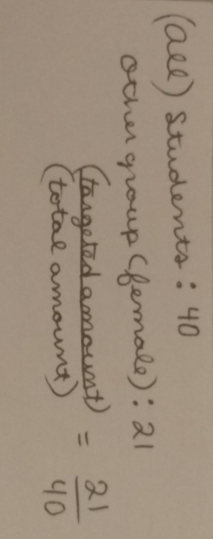 In a math class of 40 students, there are 21 female students. Which of the following-example-1