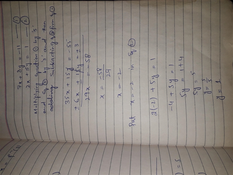 What is the solution to the system of equations? 7x + 3y = -11 2x + 5y=1-example-1