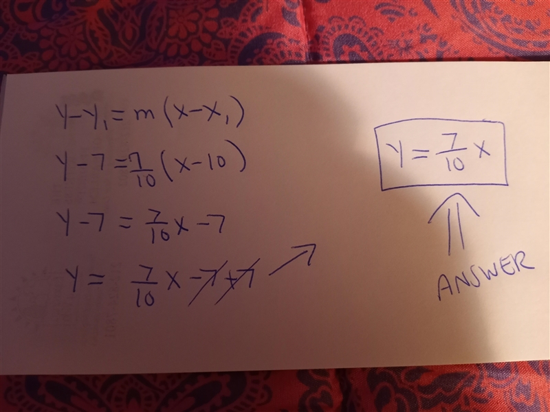 A line has this equation: y = 7/10 X + 5 Write an equation for the parallel line that-example-1