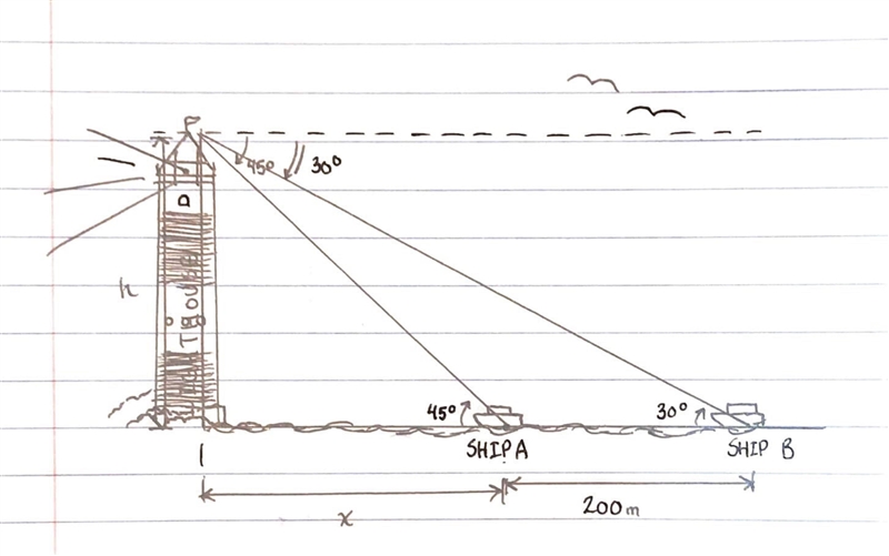 The angles of depression of two ships from the top of the light house are 45° and-example-1