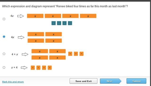 Which expression and diagram represent “Renee biked four times as far this month as-example-1