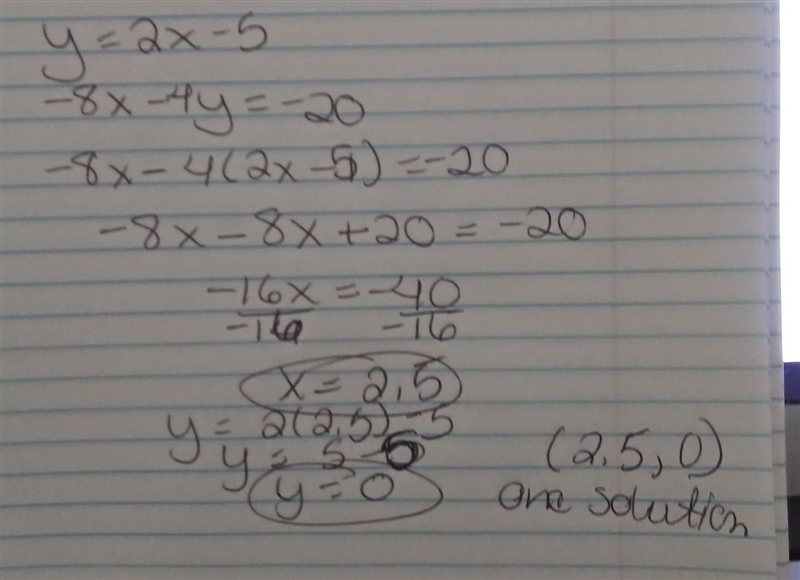 How many solutions does this linear system have? y = 2x - 5 DEE -8x – 4y = -20 O one-example-1