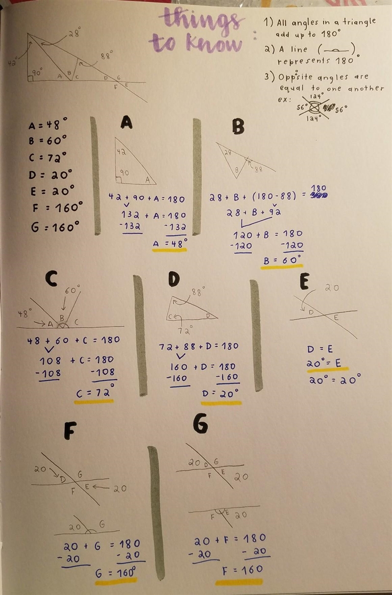 Find the measures of angles A, B, C, D, E, F, G.-example-1