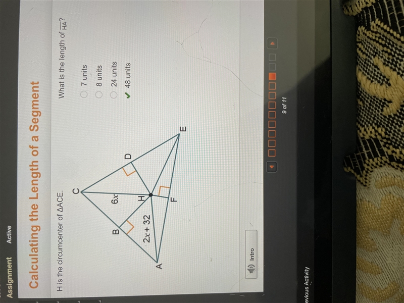 What is the length of HA? O 7 units O 8 units 0 24 units O 48 units​-example-1