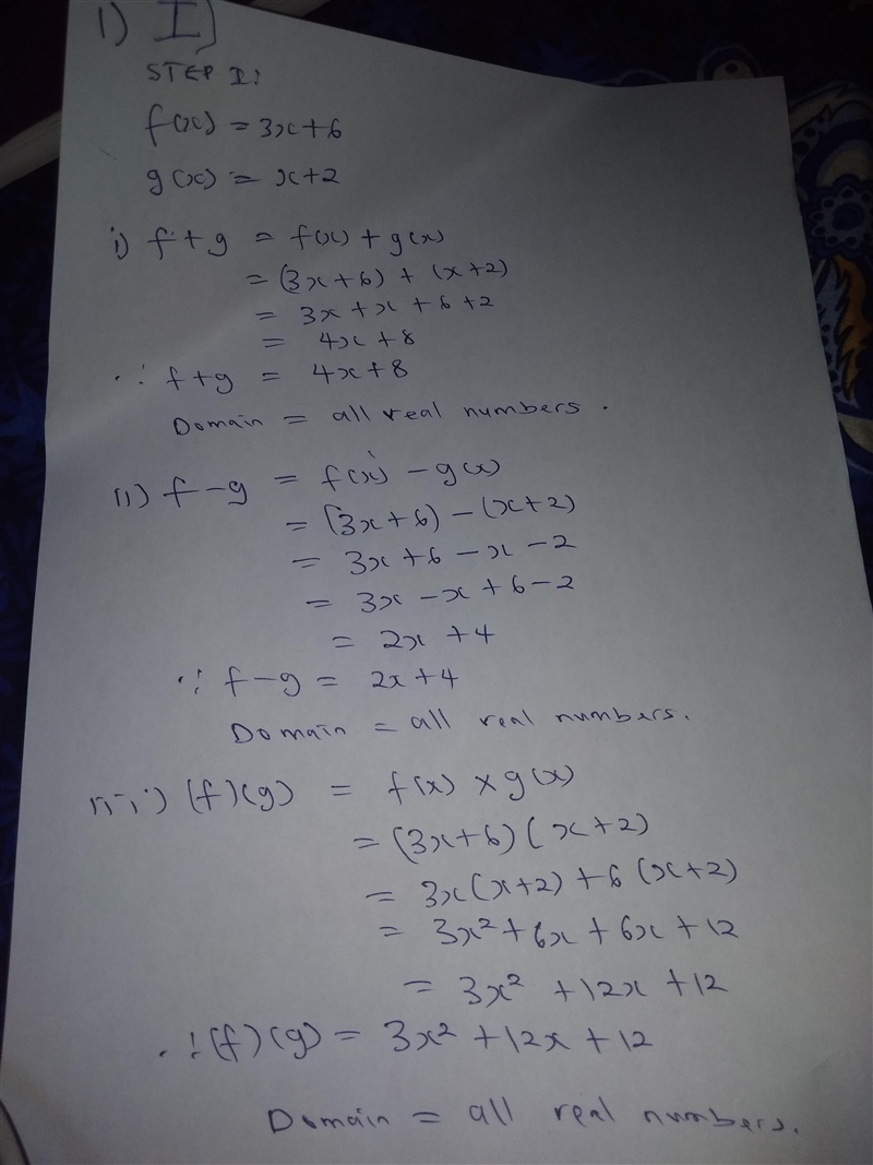 Use the given functions f and g to find f + g, f − g, fg, and f g . State the domain-example-3