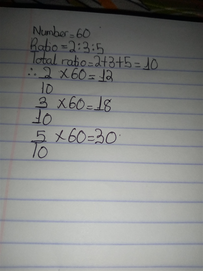 Divide up the number 60 in 2:3:5 ratio.-example-1