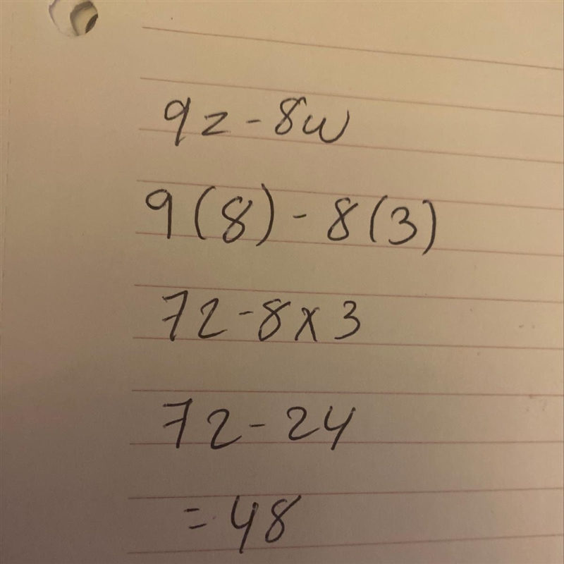 What’s is the value of 9z-8w when z=8 and w=3-example-1