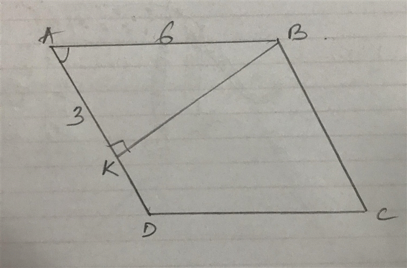 Given: ABCD parallelogram BK ⊥ AD , AB = 6, AK = 3 Find: m∠A, m∠B, m∠C, m∠D-example-1