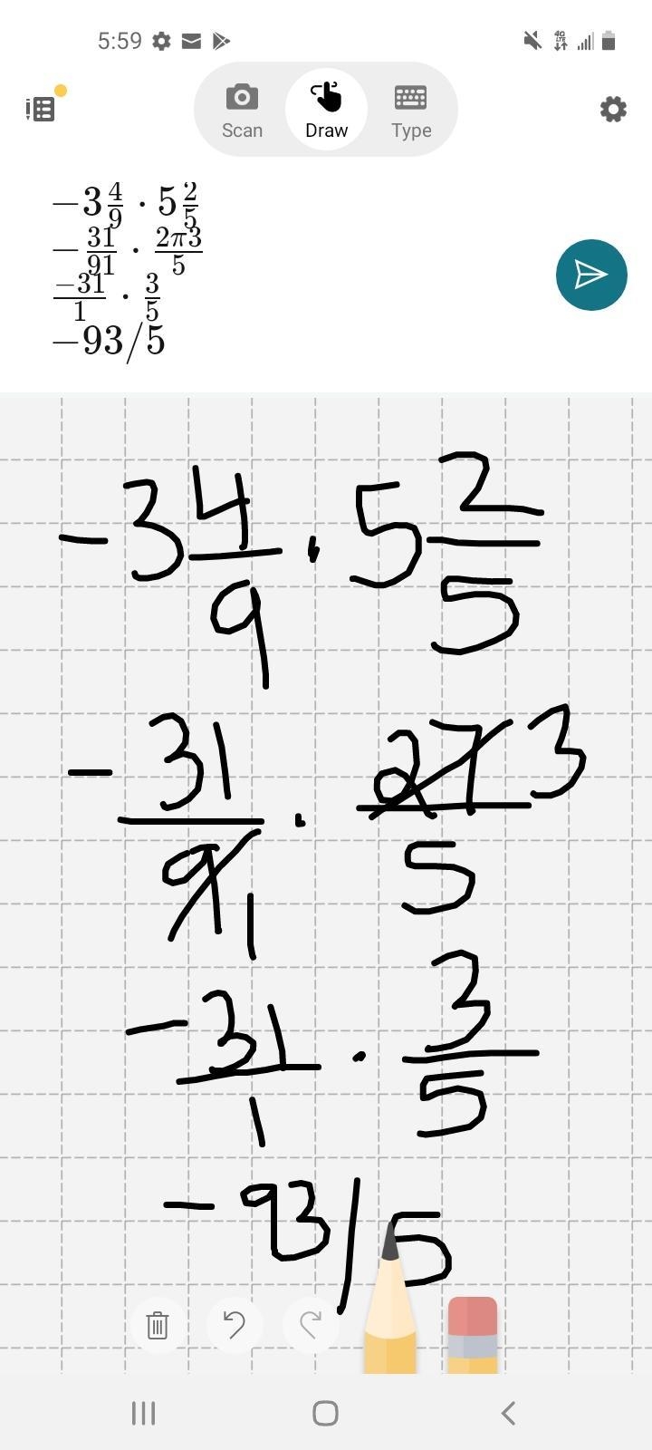 What is -3 4/9 • 5 2/5-example-1