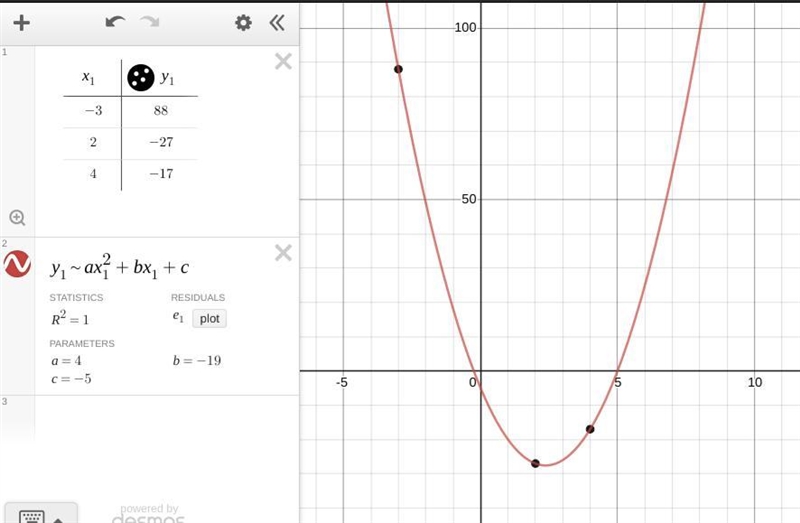 Use quadratic regression to find the equation of the parabola going through these-example-1