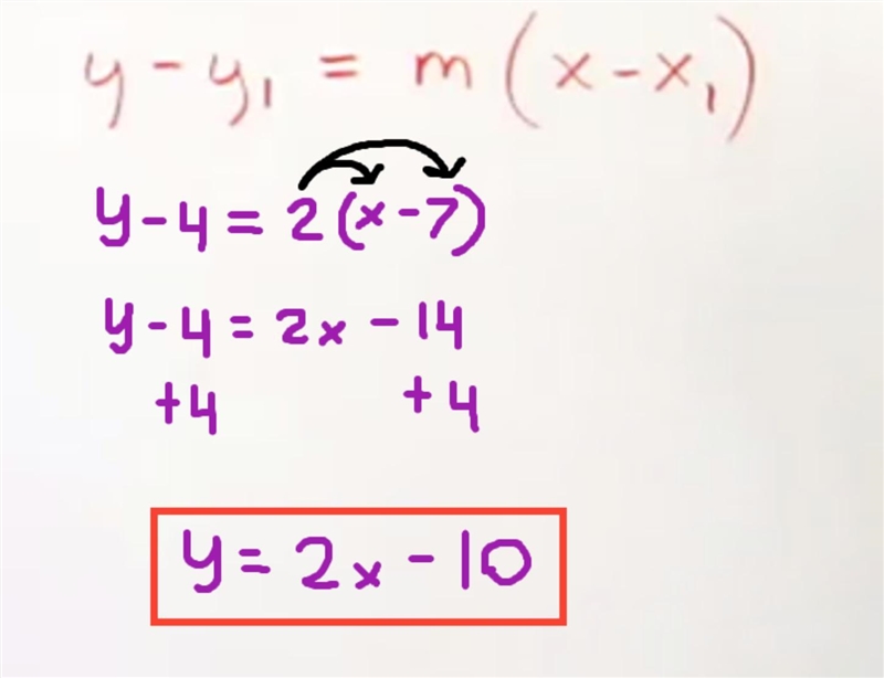 There is a line that includes the point (7,4) and has a slope of 2. What is its equation-example-1