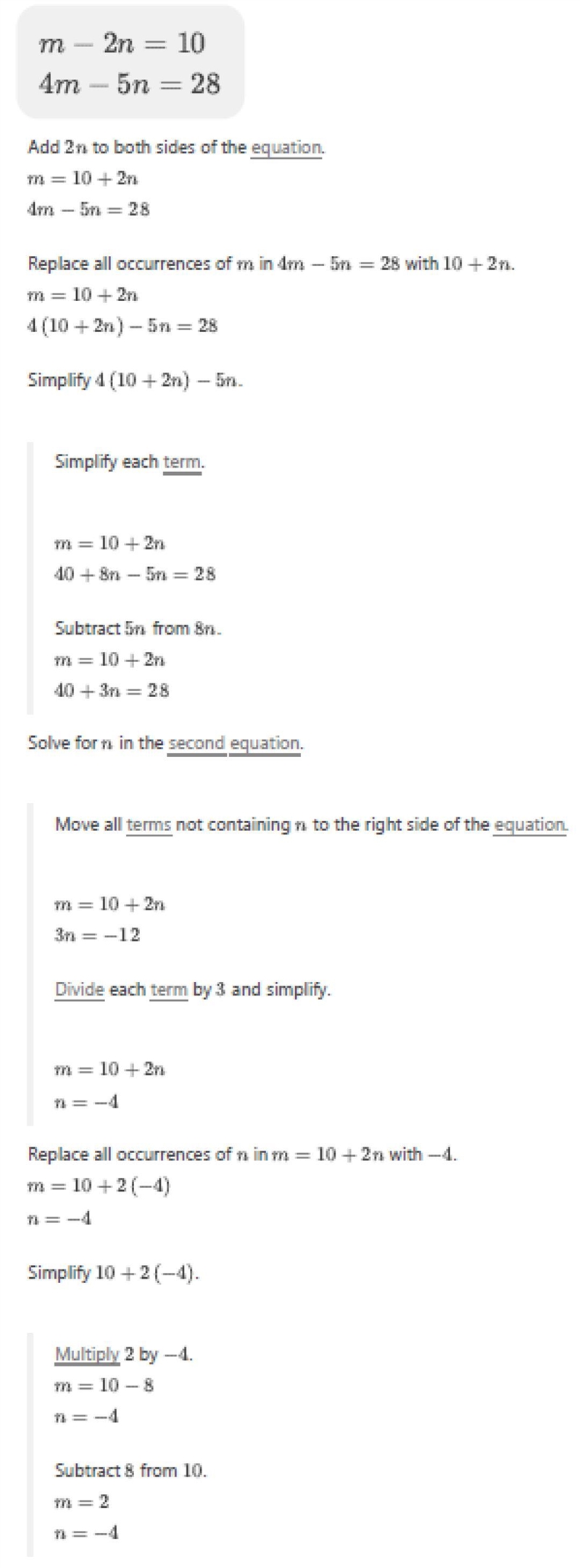 M-2n=10 4m-5n=28 substitute ​-example-1