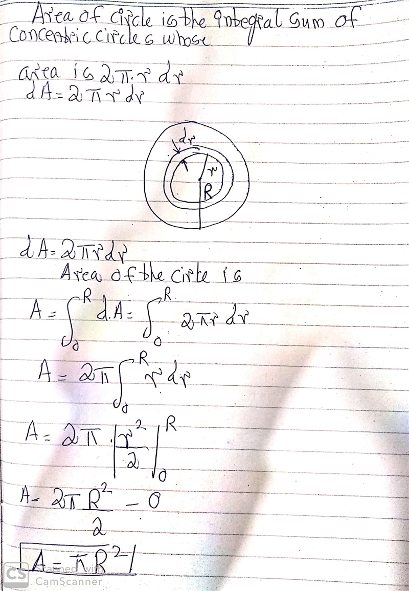 Consider a circle (radius R) to be made up of many concentric rings of radius r and-example-1