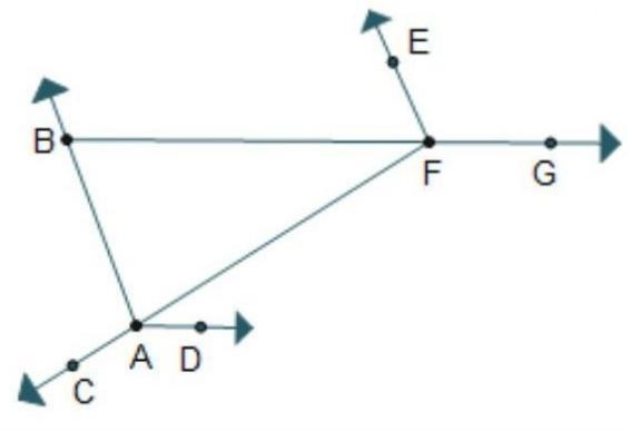 Triangle A B F is shown. Line B F is extended through point G. Line F A is extended-example-1