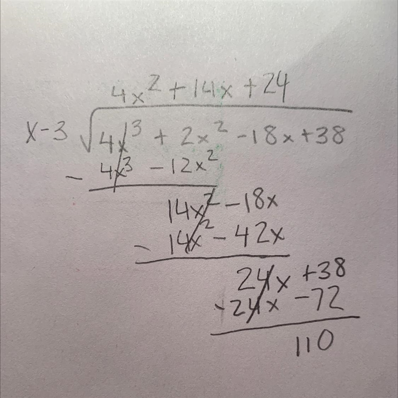 What is the remainder when (4x3+2x2-18x+38)/(x-3)? a.2 b.12 c.96 d.110-example-1