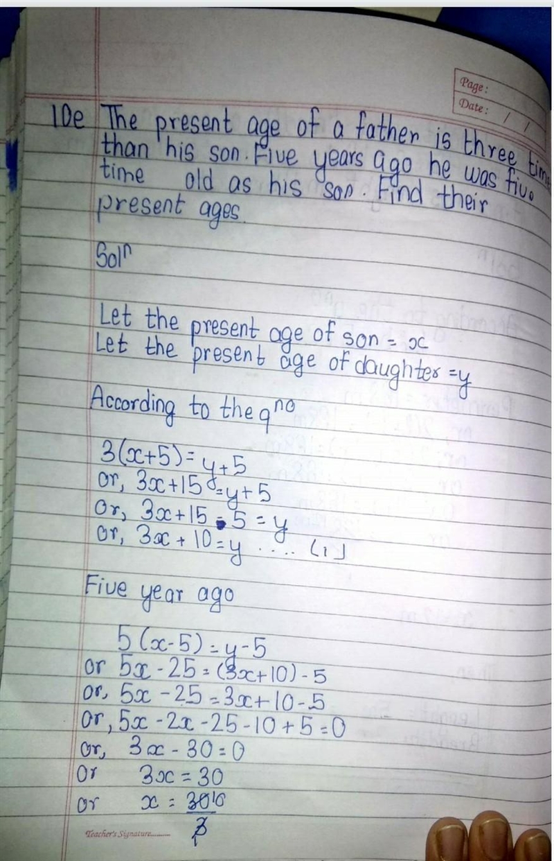 THE PRESENT AGE OF A FATHER IS THREE TIMES THAN THAT OF HIS SON. FIVE YEARS AGO HE-example-1