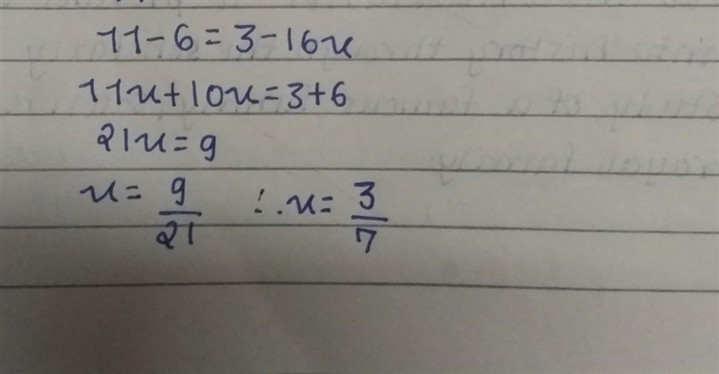 If 11x- 6= 3- 10x find x​-example-1