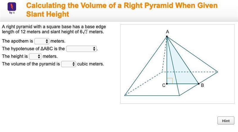 A right pyramid with a square base has a base edge length of 12 meters and slant height-example-1