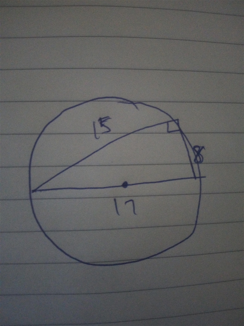 A triangle with sides measuring 8, 15 and 17 units is inscribed in a circle. What-example-1