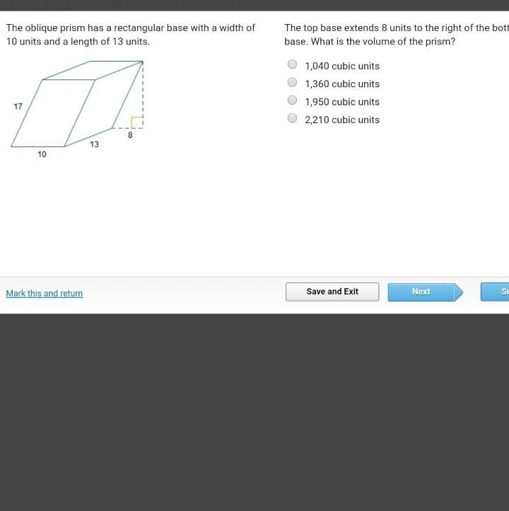 The oblique prism has a rectangular base with a width of 10 units and a length of-example-1