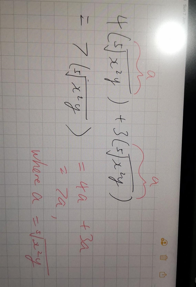 What is the following sum 4(5vx^2y)+3(5vx^2y) i don’t know if that answer is right-example-1