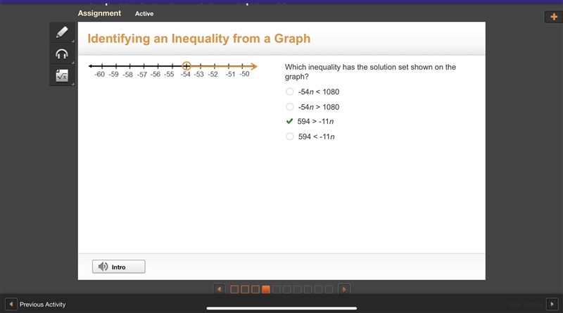 Which inequality has the solution set shown on the graph? a.-54n 1080 c.594 > -11n-example-1