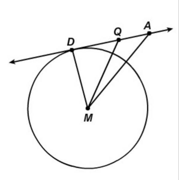 AD←→ is tangent to circle M at point D. The measure of ∠DMQ is 58º. What is the measure-example-1