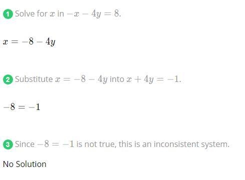 Solve by substitution -X-4y=8 x+4y=-1-example-1