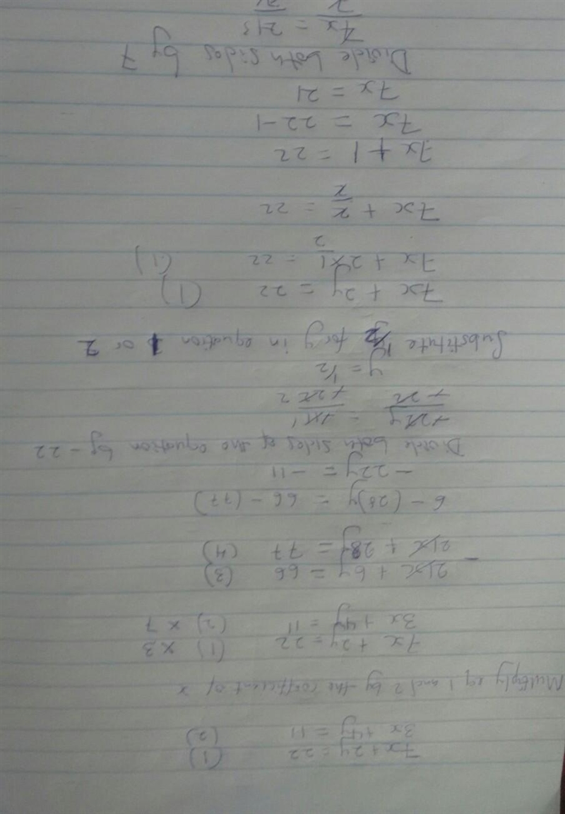 Solve the simultaneous equations 7x + 2y = 22 3x + 4y = 11​-example-1