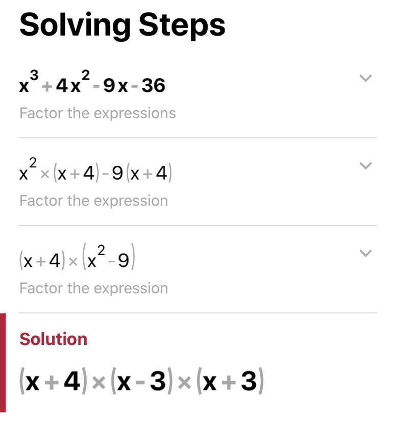 Factor polynomials x^3 + 4x^2 - 9x - 36-example-1