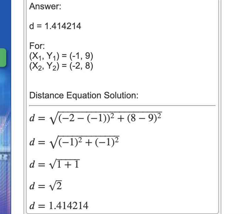 Find the distance between the point x = (-1,9) and y = (-2,8)-example-1