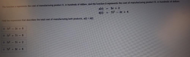 The function a represents the cost of manufacturing product a, in hundreds of dollars-example-1