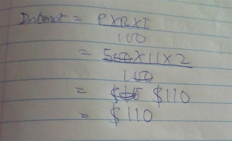 Calculate the interest Greg will pay on this loan. principal(P)=500$ rate(R)=11% time-example-1