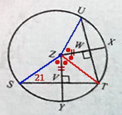 In circle Z, if vz = zw, sv=21, and mUT=112degrees, find each measure-example-1