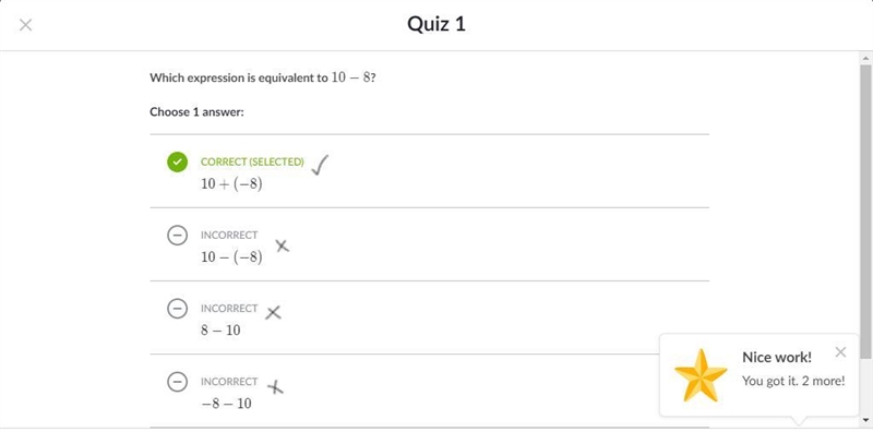 Which expression is equivalent to 10 - 810−810, minus, 8? Choose 1 answer: Choose-example-1