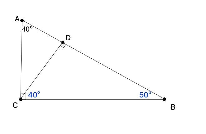 In ∆ABC, m∠ACB = 90°, m∠A = 40°, and D ∈ AB such that CD is perpendicular to side-example-1