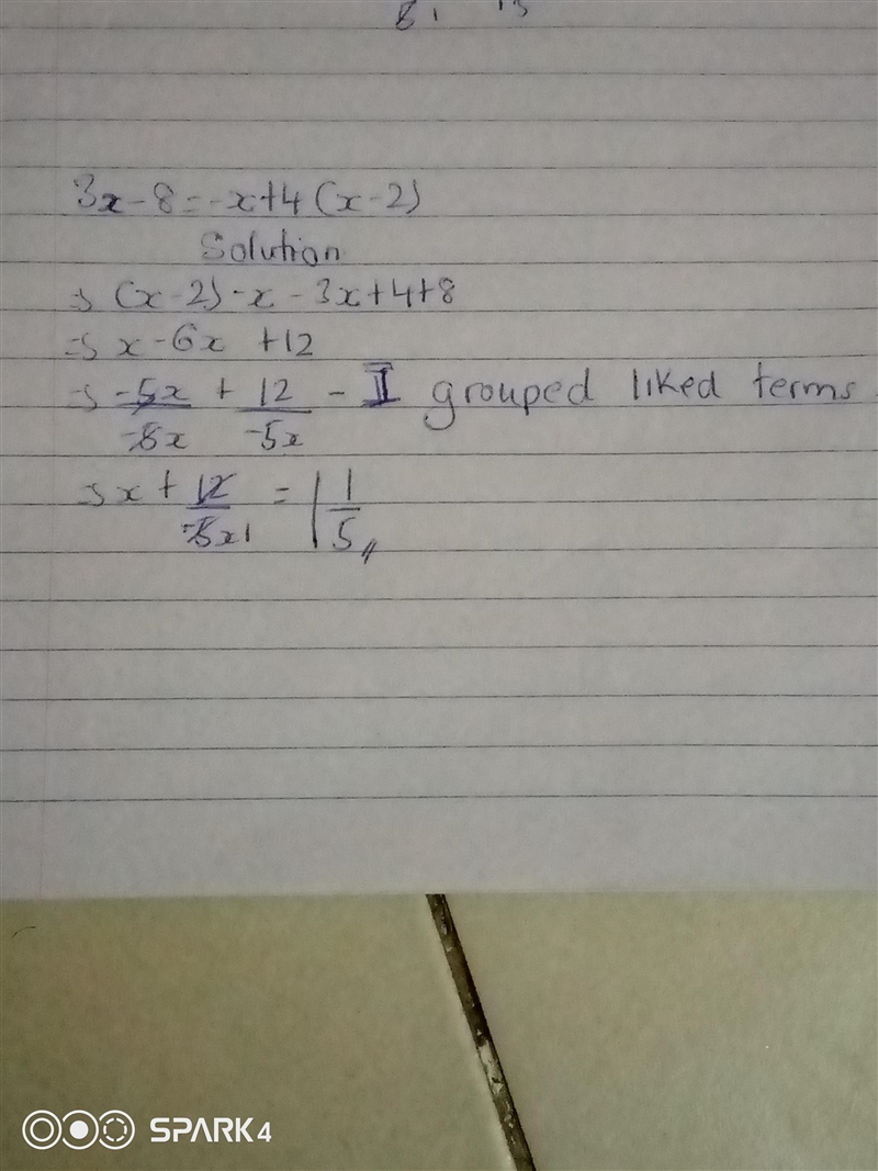 LaShawn solved the equation below to the determine the solution. 3 x minus 8 = negative-example-1