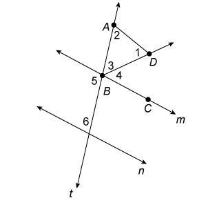 Given: m∥n , m∠1=65∘ , m∠2=60∘ , and BD−→− bisects ∠ABC . Prove: m∠6=70∘ It is given-example-1