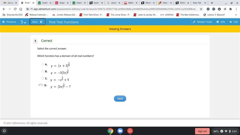 Which function has a domain of all real numbers? A. y=-x½+5 B. y=(2x)⅓-7 C. y=(x+2)¼ D-example-1