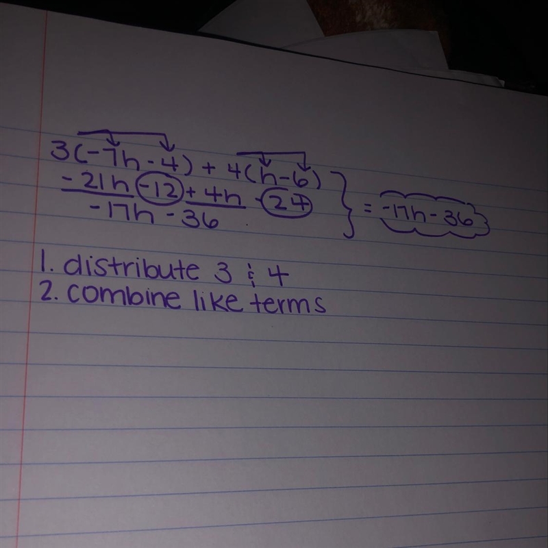 Rewrite in simplest term: 3(-7h-4)+4(h-6)-example-1